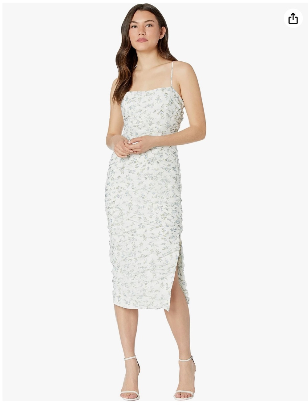 Bardot White & Blue Rouched Midi Dress with Sage Floral Print